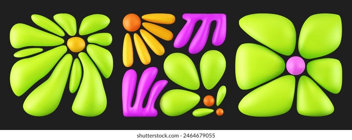 3d render collection of plants and clouds, set of vector flowers on isolated white background, design element, nature icons.