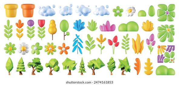 3d render collection of plants and clouds, set of vector flowers on isolated white background, design element, nature icons.