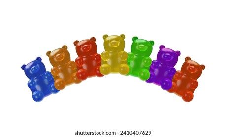 3D render collection of realistic, chewy gummy bears in a sweet dessert vector illustration. A variety of flavors cherry, cola. Gummified in fat and calories, vitamins for an edible health boost