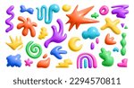 3d render color abstract liguid shape. Kid doodle graphic element. Cute cloud, flower shape, star, wave, rainbow, doodle in trendy moden style. Vector cartoon illustration