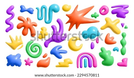 3d render color abstract liguid shape. Kid doodle graphic element. Cute cloud, flower shape, star, wave, rainbow, doodle in trendy moden style. Vector cartoon illustration