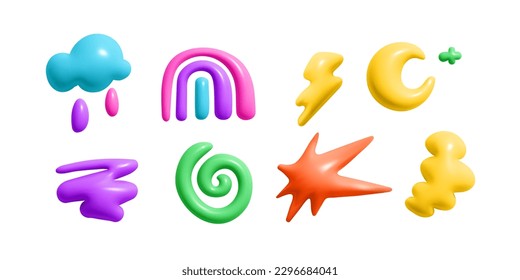 Iconos meteorológicos abstractos de color 3d. Elemento gráfico del doodle infantil. Nube suave, estrella, luna, doodle arco iris en estilo moderno. Ilustración de dibujos animados