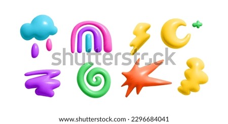 3d render color abstract weather icons. Kid doodle graphic element. Cute cloud, star, moon, rainbow doodle in trendy moden style. Vector cartoon illustration