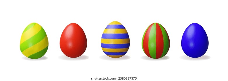 3d render colored set easter egg. Three-dimensional vector collection illustration for Christian celebration or children hunt, or springtime holiday. Religion traditional element. ingredient protein