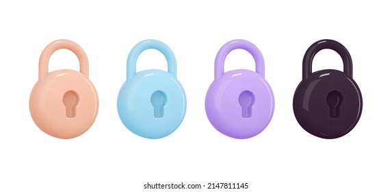 3 d representan coloridas caricaturas cerradas candados. Establecer el elemento de diseño de icono de bloqueo para el concepto de seguridad. Ilustración vectorial realista.