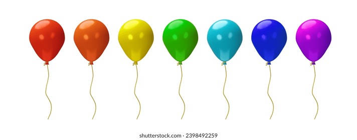 3D render colorful set of balloons for party. Realistic rainbow inflatable element for birthday, carnival, festival, celebrations, anniversary. Flying helium vector object template for greeting card.