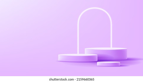 3d render composition of cylinder shaped podium and arch in violet pink colors, three empty platforms. Vector illustration