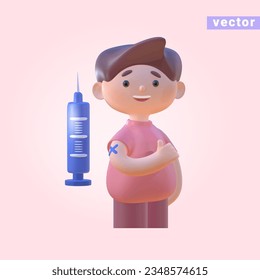 3d render concept of child immunization.Cute cartoon boy with a syringe