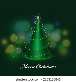 3D Render Of Cone Shape Xmas Tree Decorated By Lighting Garland Against Green Bokeh Blur Background For Merry Christmas Concept.