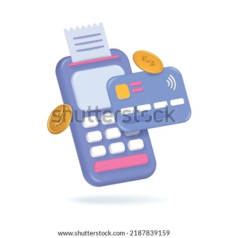 3d render Contactless POS terminal payment with credit card and bill receipt. E-payment or e-commerce retail use digital electronic device. Vector isolated illustration.
