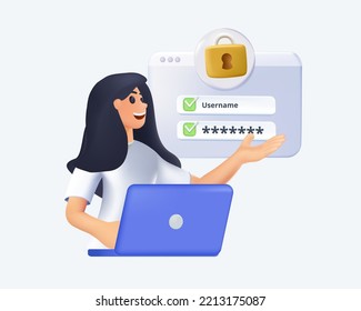 3D render Create new password isolated cartoon illustration. 3D woman character with laptop creating password, data protection, personal data IT technology, computing industry, cybersecurity vector.