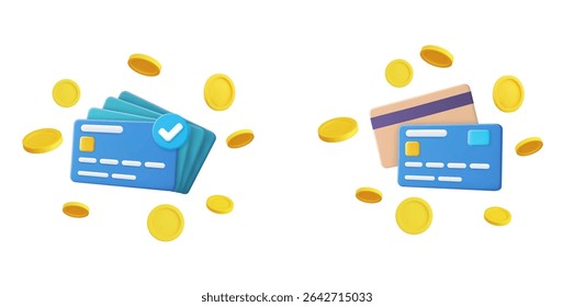 3d render Tarjeta de crédito alrededor de la cual el dinero está colgando en el aire, el concepto de compras sin efectivo en Internet, compras en línea. ahorro de dinero, concepto de sociedad sin efectivo. Ilustración vectorial