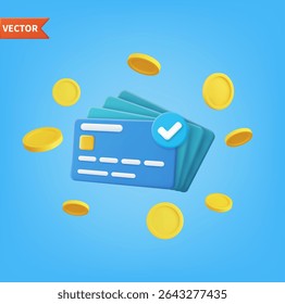 3d render Credit card around which money is hanging in the air, the concept of cashless purchases on the Internet, online shopping. money-saving, cashless society concept. Vector illustration