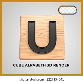 3D render cube wood alphabeth U