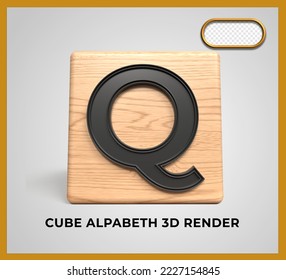 3D render cube wood alphabeth Q