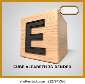 3D render cube wood alphabeth E 