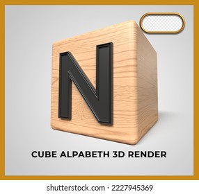 3D render cube wood alphabeth N