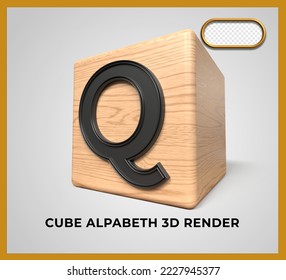 3D render cube wood alphabeth Q