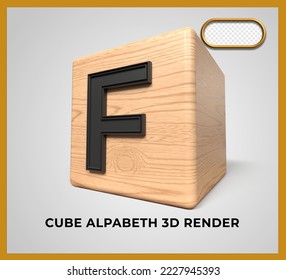 3D render cube wood alphabeth F 