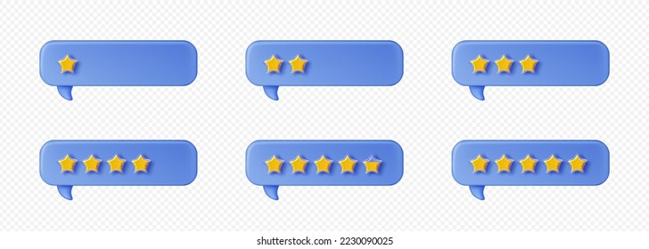 3d representan estrellas de comentarios de los clientes en burbujas de voz. Tasa, revisión del cliente, comentario o retroalimentación nivel de evaluación creciente en globos de mensajes, vector aislado Ilustración en el estilo plástico de dibujos animados