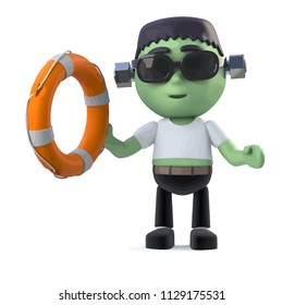 3d render of a cute frankenstein monster holding a life ring buoyancy aid