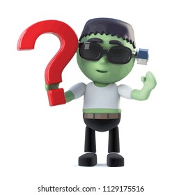 3d render of a cute Halloween frankenstein monster holding a question mark.