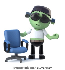 3d render of a cute Halloween frankenstein monster standing next to an empty office chair.