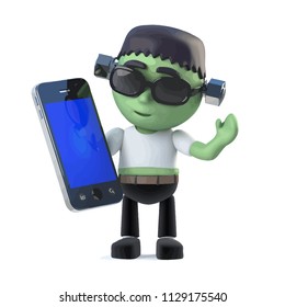 3d render of a cute Halloween frankenstein monster holding a smartphone tablet pc device.