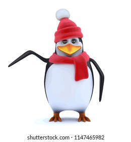 3d render of a cute penguin dressed in winter wool hat and scarf pointing at something.
