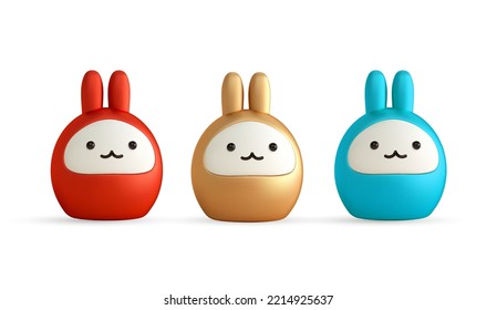 3D render cute rabbits isolated on white background. Gold,red and blue figurine bunny. Decor elements for asian design. Cartoon vector illustration