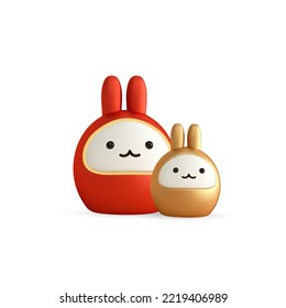 3D presenta conejos lindos aislados en fondo blanco. Icono de conejito figurio dorado y rojo. Elementos decorativos para el diseño asiático. Ilustración vectorial de dibujos animados