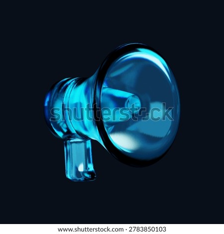 3D render of a cyan glass megaphone with internal glowing light effects on a dark background. Modern bullhorn symbol for digital communication, marketing and announcements.