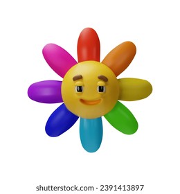 3D render Daisy flower with cartoon funny smiling face. Clay retro rainbow bloom. Vector illustration in hippie style of 1960s, 1970s. Realistic psychedelic plant. Trippy happy emoticon character.
