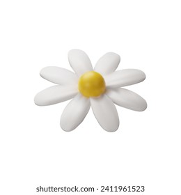 3D render daisy. Vector illustration of summer flower. Realistic fresh blossom in white and yellow color. Fresh chamomile right side in clay style. Botany decoration element for bouquet.