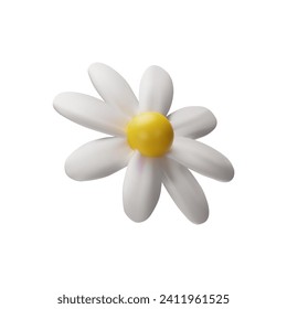 3D render daisy. Vector illustration of summer flower. Realistic fresh blossom in white and yellow color. Fresh chamomile right side in clay style. Botany decoration element for bouquet.