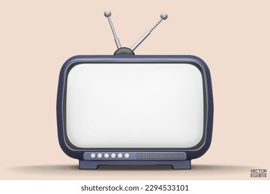 3D machen dunkelblauen Vintage Fernseher Cartoon Stil einzeln auf dem Hintergrund. Minimaler Retro-TV. Dunkelblauer analoger Fernseher. Alter Fernseher mit Antenne. 3D-Vektorgrafik.