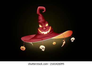 3d render Demonic witch hat with sinister fiery face and dangling bling for Halloween. Smiling sinister witch hat. Isolated 3D vector illustration. Halloween horror holiday concept