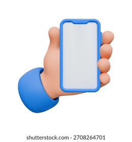 Uma renderização 3D representa uma mão segurando um smartphone com um gabinete azul. A tela do telefone está em branco, e a mão é estilizada, sugerindo um estilo cartunesco.
