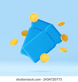 3d render discount coupon with coins. Voucher card cash back template design. Premium special price offers sale coupon. 3d rendering. Vector illustration