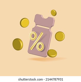 3d render discount coupon with percentage sign with coins. Voucher card cash back template design.