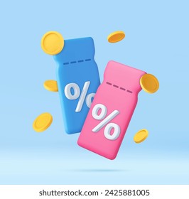 3d render discount coupon with percentage sign with coins. Voucher card cash back template design. Premium special price offers sale coupon. 3d rendering. Vector illustration