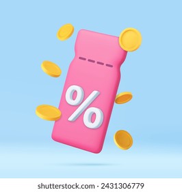 3d render discount coupon with percentage sign with coins. Voucher card cash back template design. Premium special price offers sale coupon. 3d rendering. Vector illustration