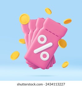 3d render discount coupon with percentage sign with coins. Voucher card cash back template design. Premium special price offers sale coupon. 3d rendering. Vector illustration