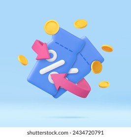 3d render discount coupon with percentage sign with coins. Voucher card cash back template design. Premium special price offers sale coupon. 3d rendering. Vector illustration