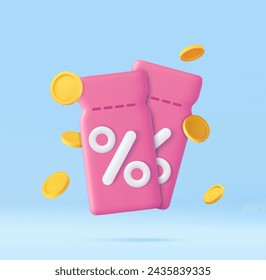 3d render discount coupon with percentage sign with coins. Voucher card cash back template design. Premium special price offers sale coupon. 3d rendering. Vector illustration