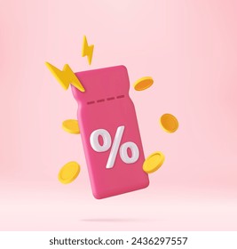 3d render discount coupon with percentage sign with coins and flash. Voucher card cash back template design. Premium special price offers sale coupon. 3d rendering. Vector illustration