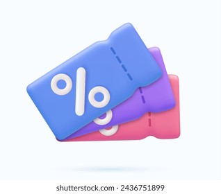 3d render discount coupon with percentage sign. Voucher card cash back template design with coupon code promotion. Premium special price offers sale coupon. 3d rendering. Vector illustration