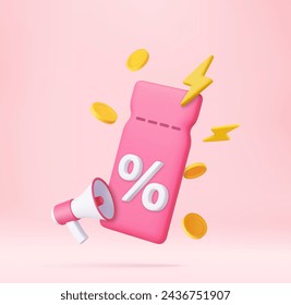 3d render discount coupon with percentage sign with coins and flash. Voucher card cash back template design. Premium special price offers sale coupon. 3d rendering. Vector illustration