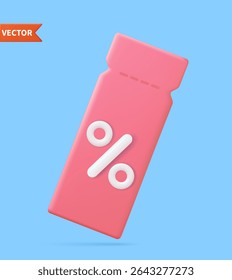3d render discount coupon with percentage sign. Voucher card cash back template design with coupon code promotion. Premium special price offers sale coupon. Vector illustration