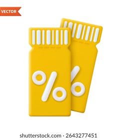 3d render discount coupon with percentage sign. Voucher card cash back template design with coupon code promotion. Premium special price offers sale coupon. Vector illustration